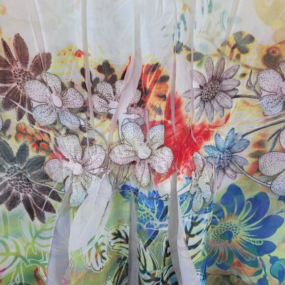 Sheer Baby Doll Top M White Multicolor Floral Puff Sleeve Ruched Fairy Core - Picture 4 of 9